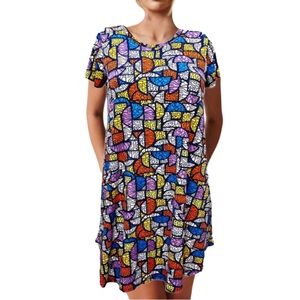 LuLaRoe Colorful Geometric Abstract Pattern Short Sleeve Mini Shirt Dress Sz 12